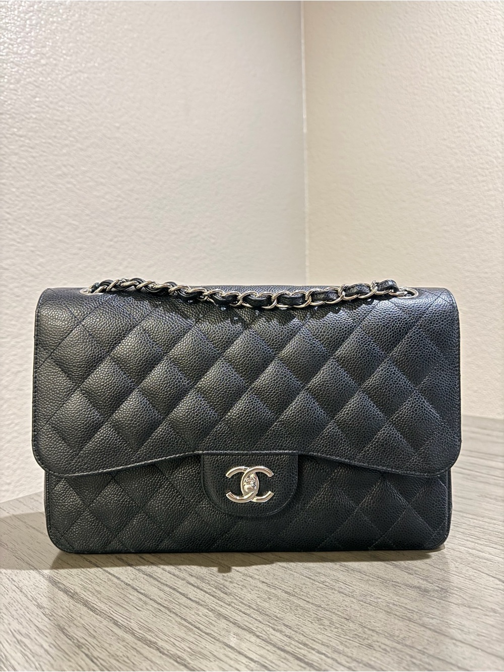 CHANEL Black Caviar Quilted Jumbo Double Flap Silver Hardware